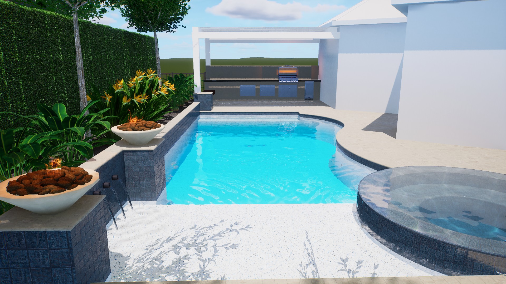 Ember & Stone curved pool and round spa with fire bowls and outdoor kitchen