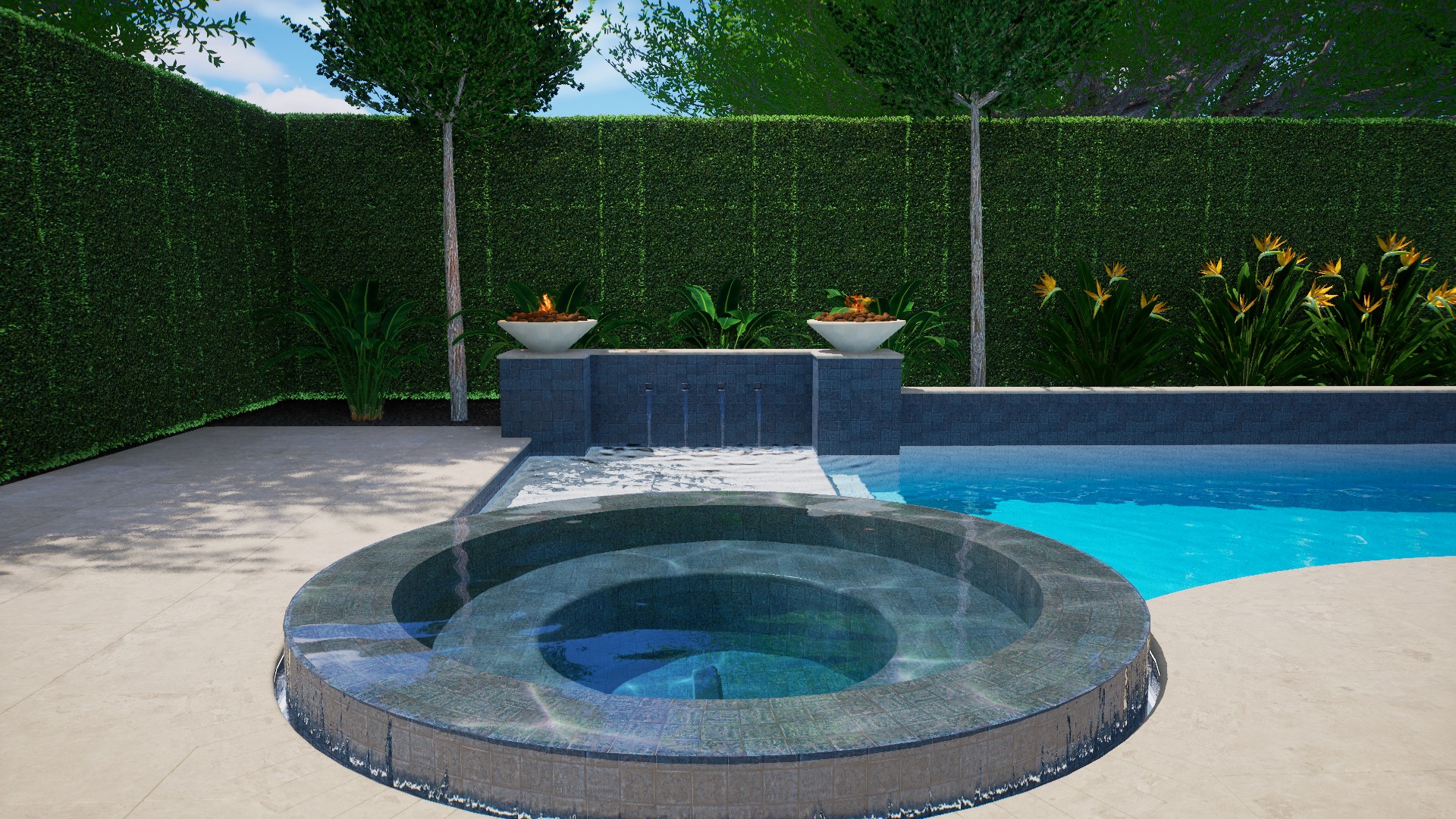 Circular spa beside the Ember & Stone pool