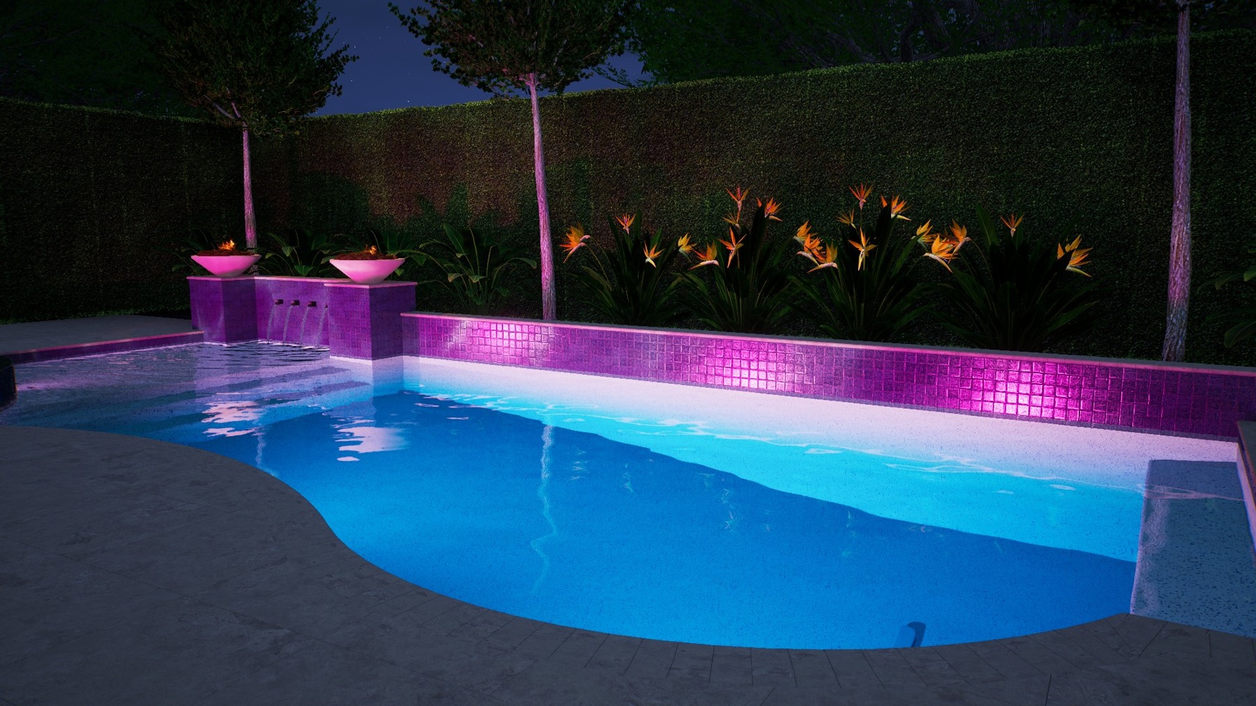 Ember & Stone — poolside lighting concept rendering