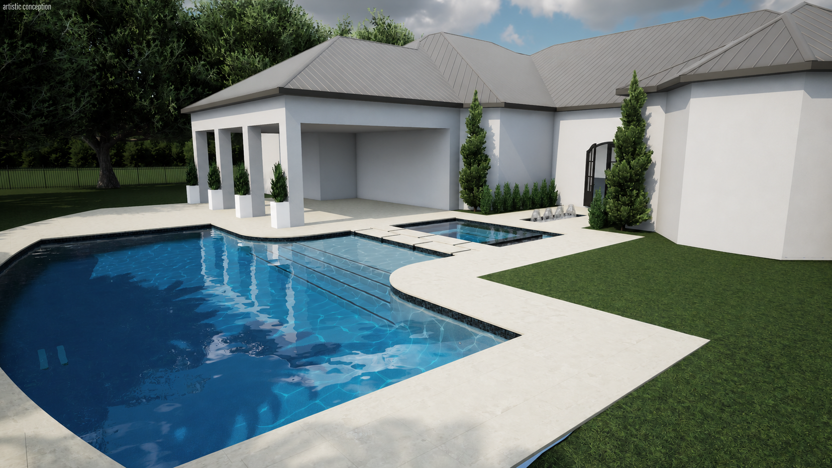 The Garden Enclave poolside perspective design rendering
