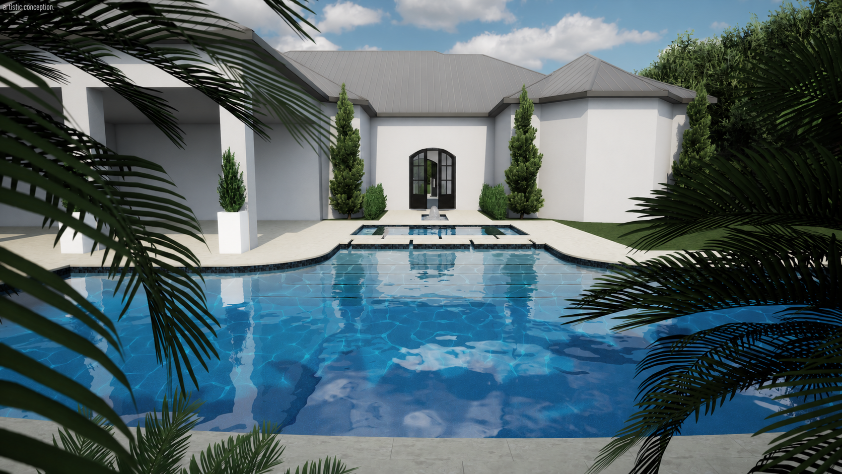 The Garden Enclave water toward the residence design rendering
