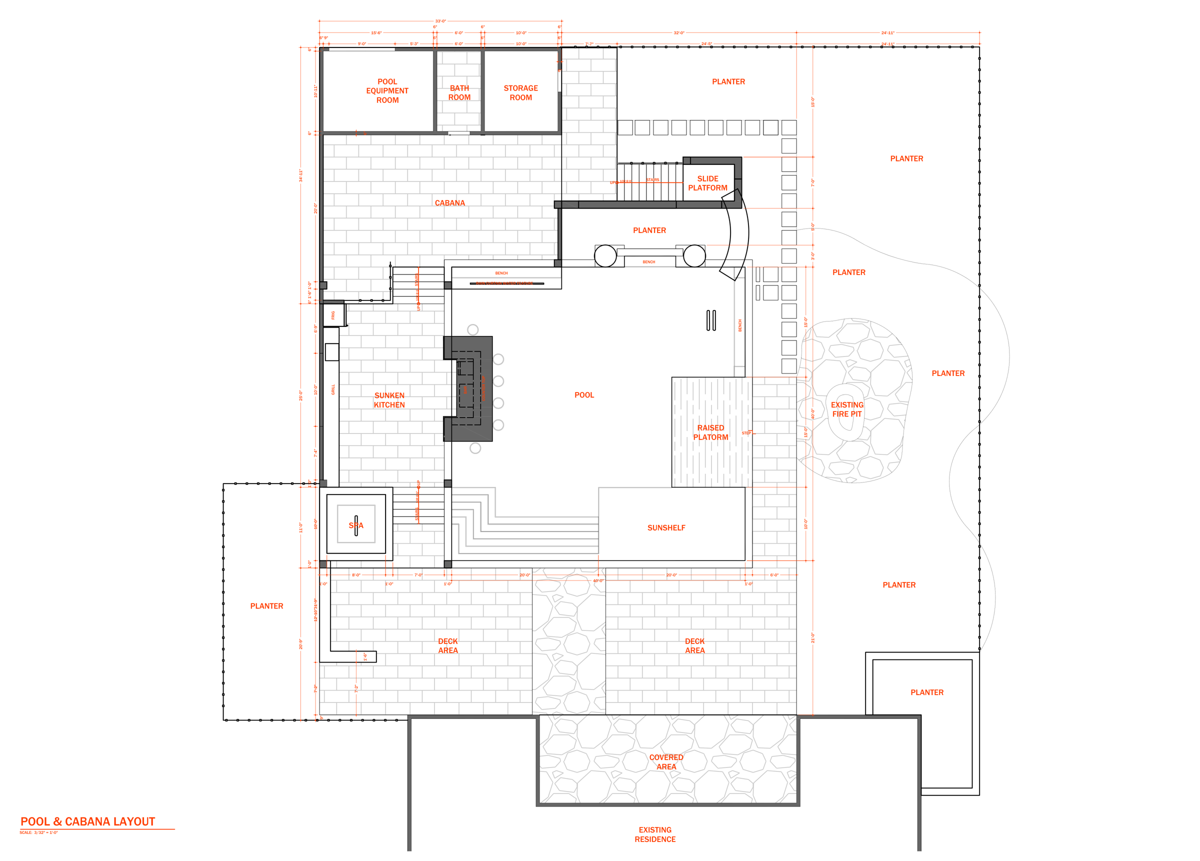 Dimensioned pool and cabana plan