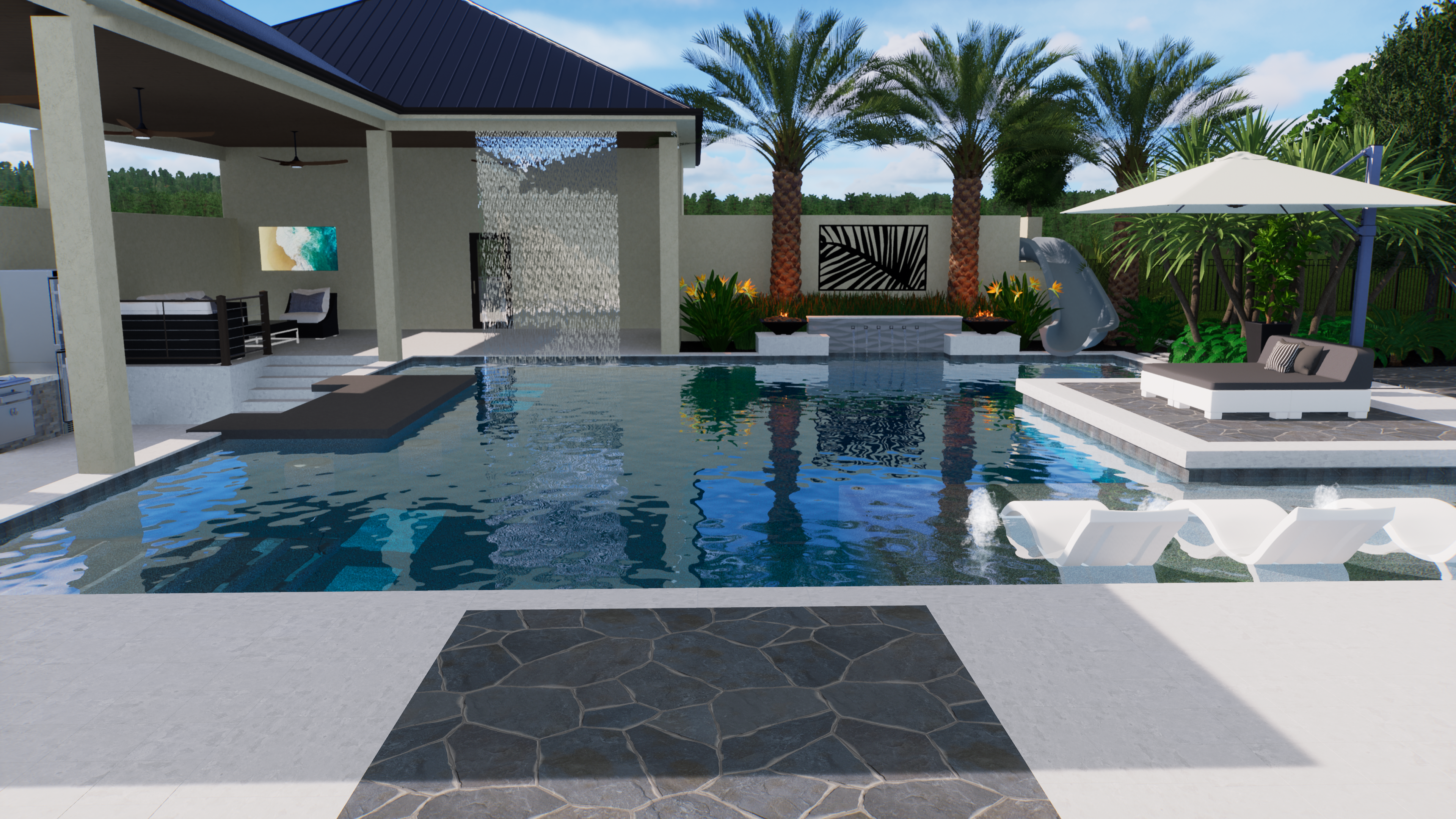 Original pool concept with pavilion, water curtain, slide and island lounge