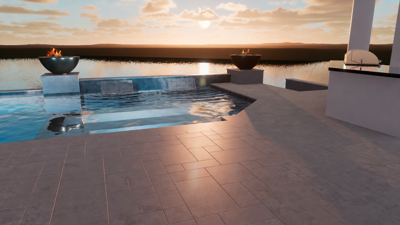 The Horizon Estate pool and outdoor kitchen concept facing the water at sunset