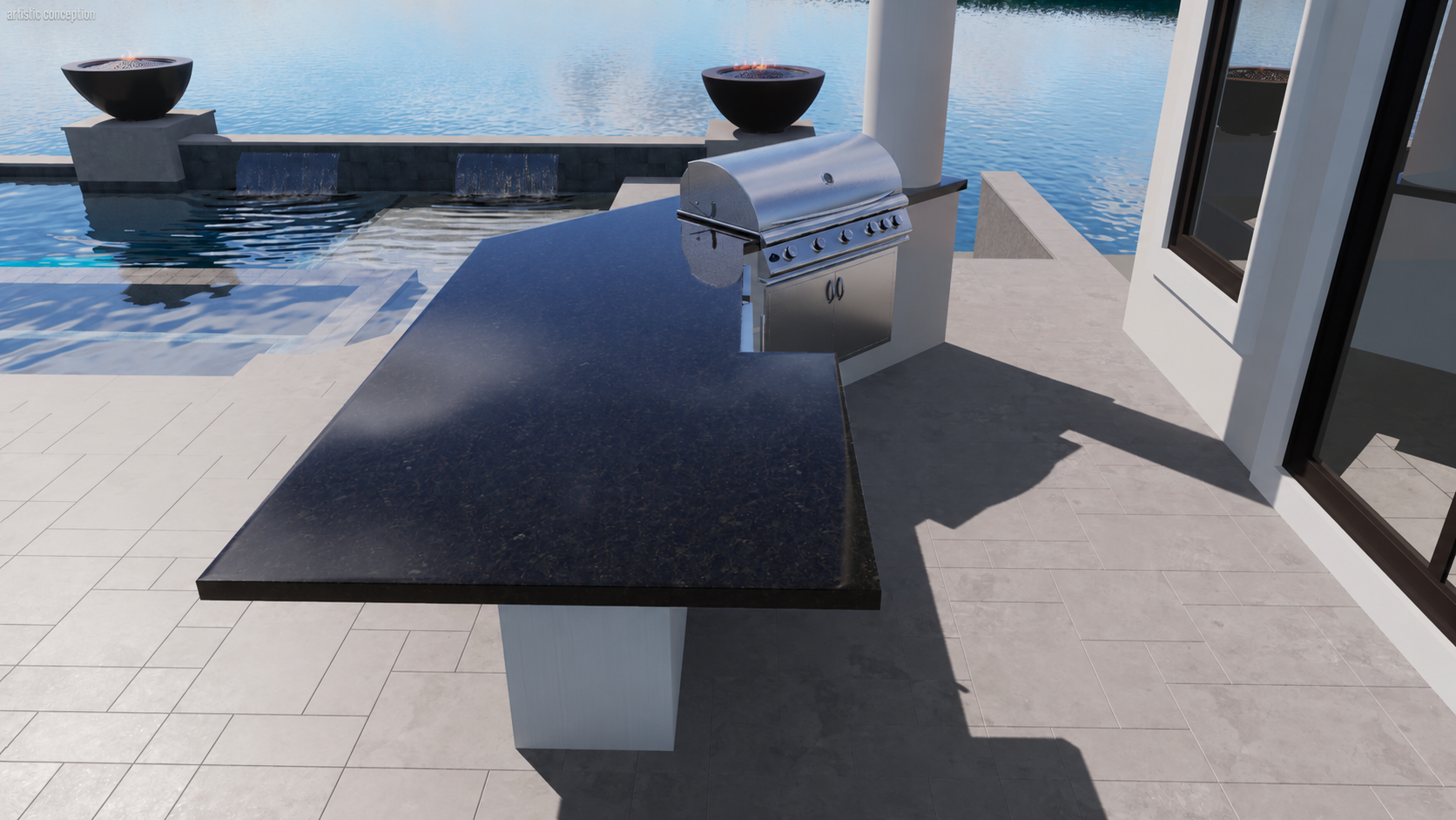 The Horizon Estate outdoor kitchen concept beside the waterfront pool