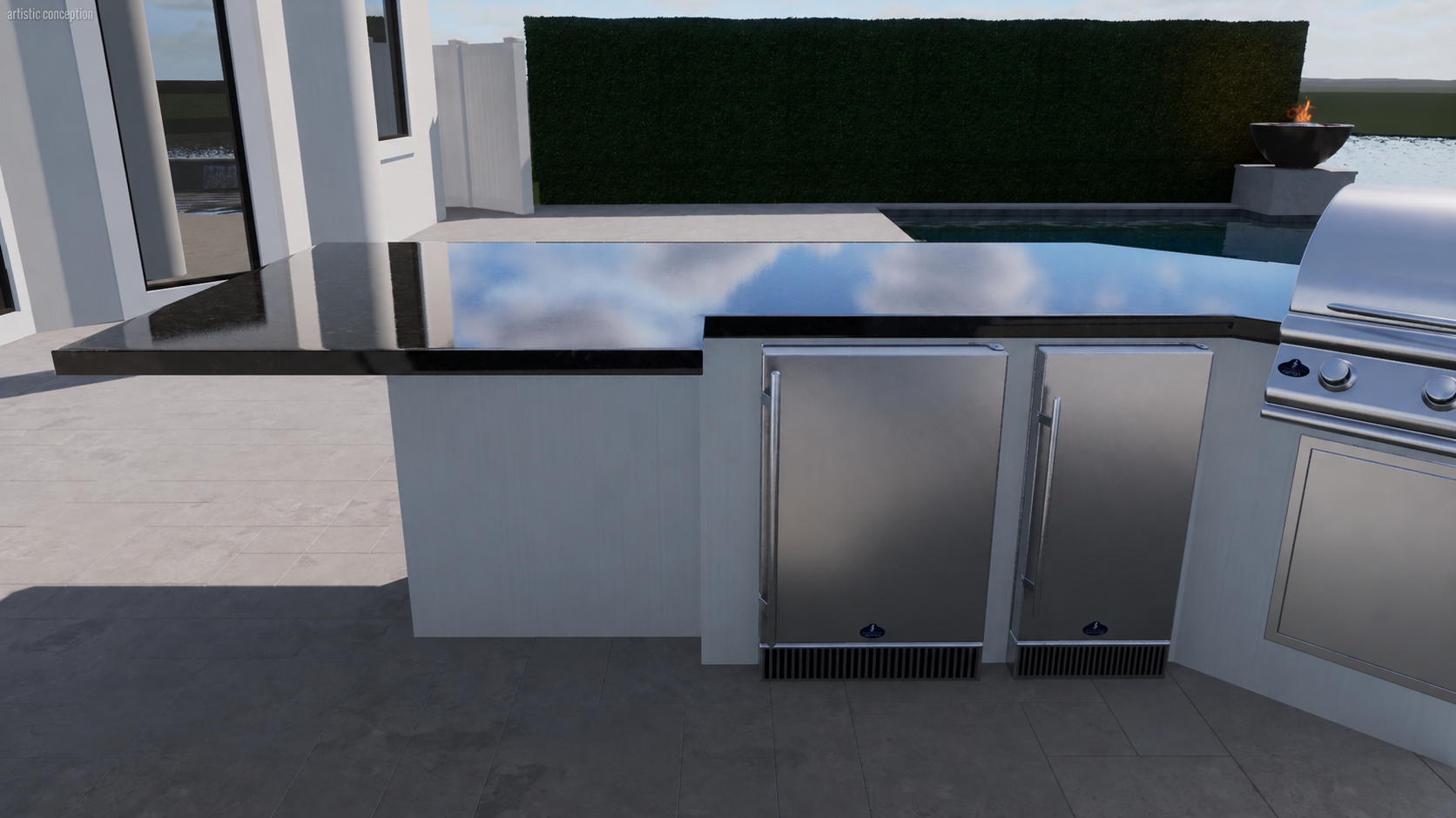 The Horizon Estate — kitchen toward the pool concept rendering