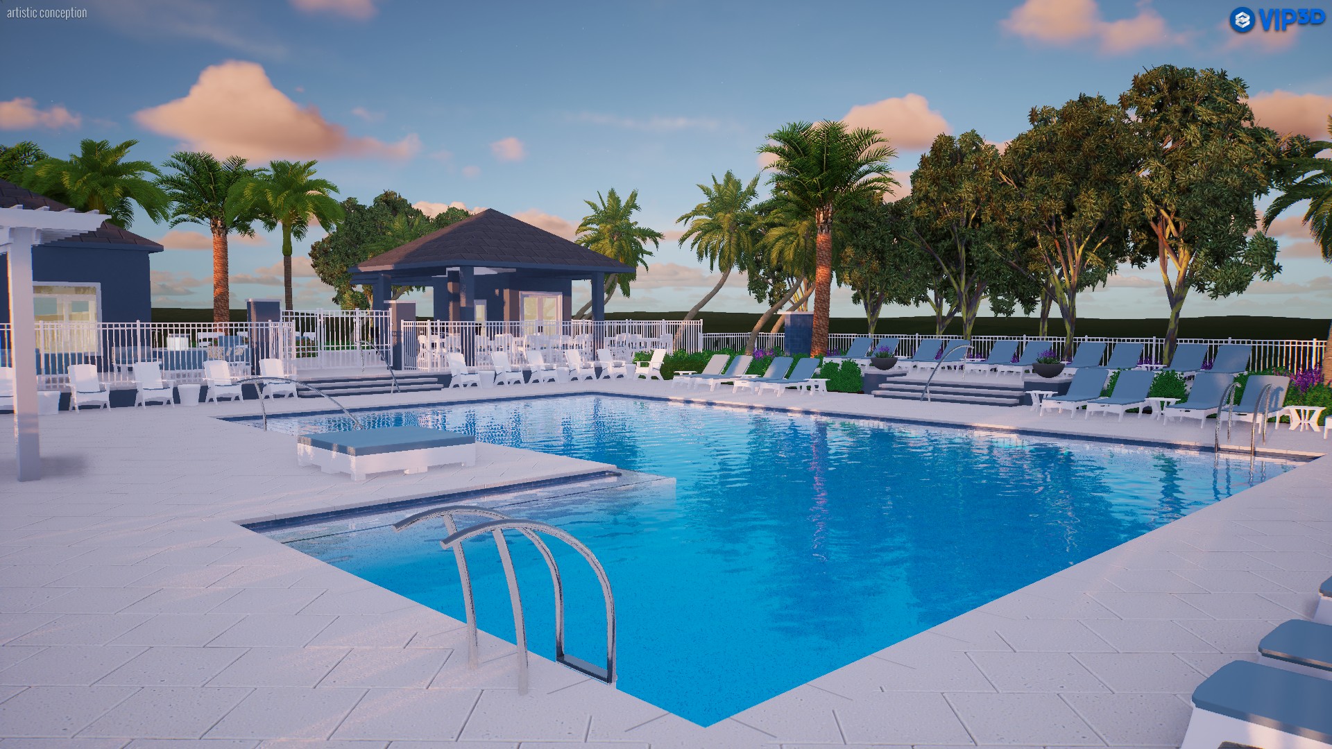 The Palm Reserve community pool with blue pavilions, white loungers and tropical planting