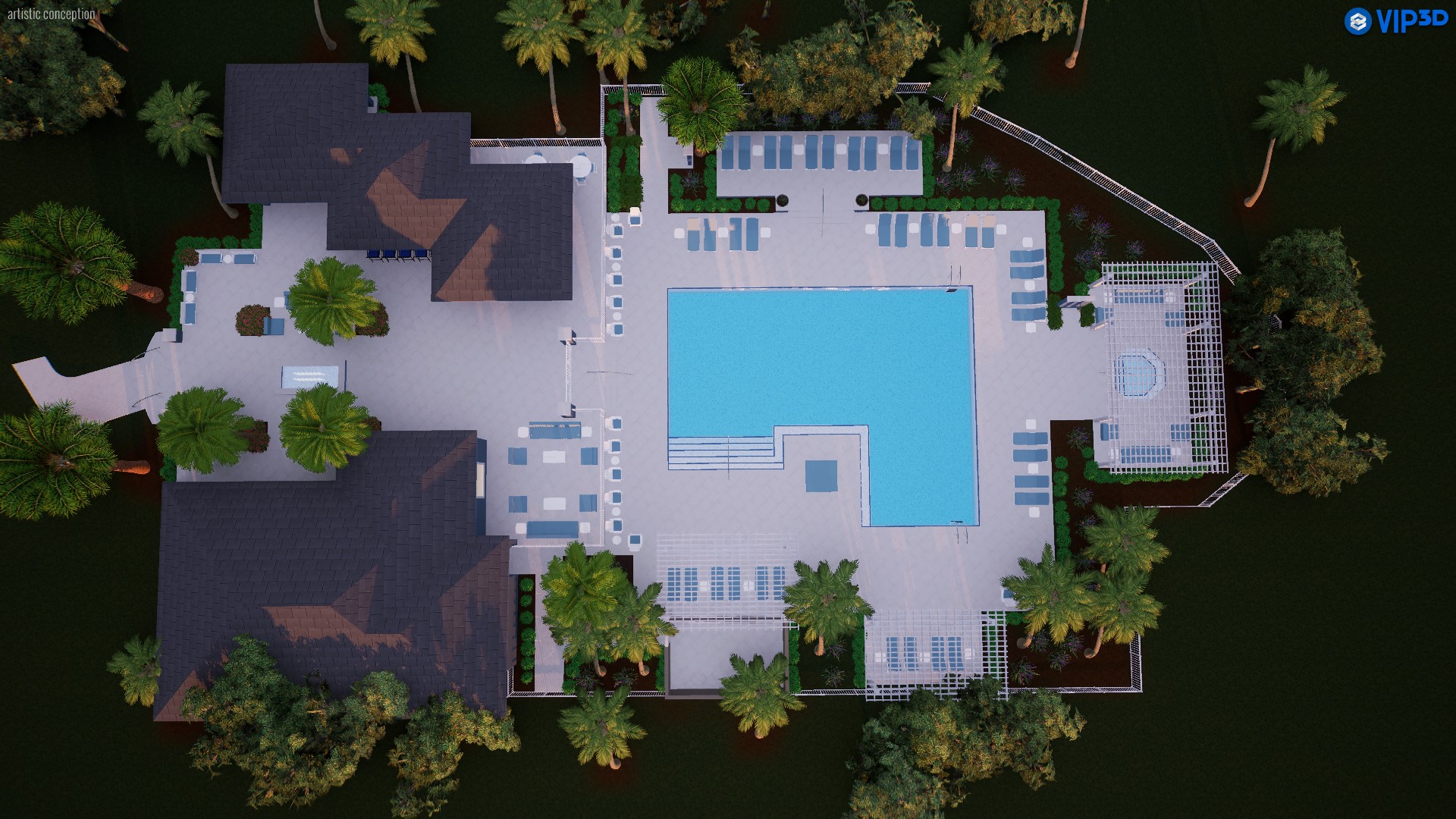 Overhead The Palm Reserve pool, spa, pergolas and pavilion arrangement