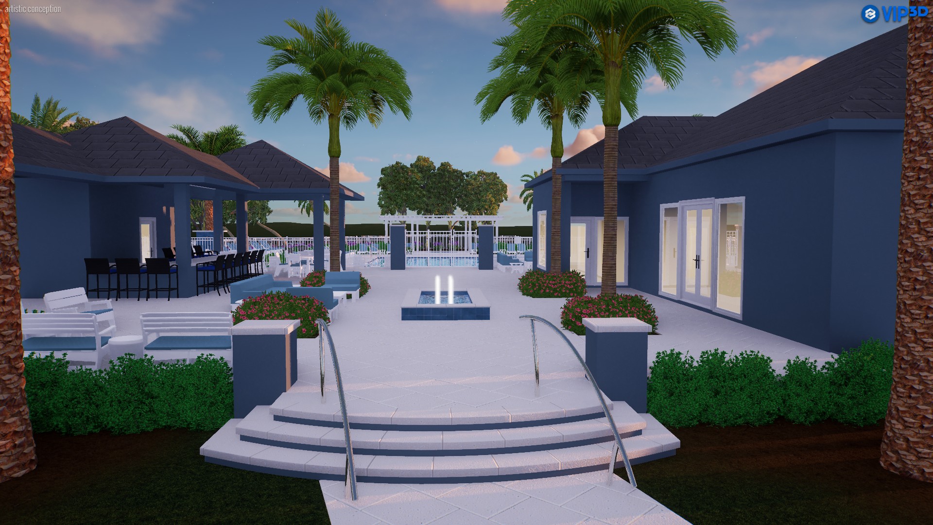 The Palm Reserve courtyard with blue pavilions, seating and a central fountain
