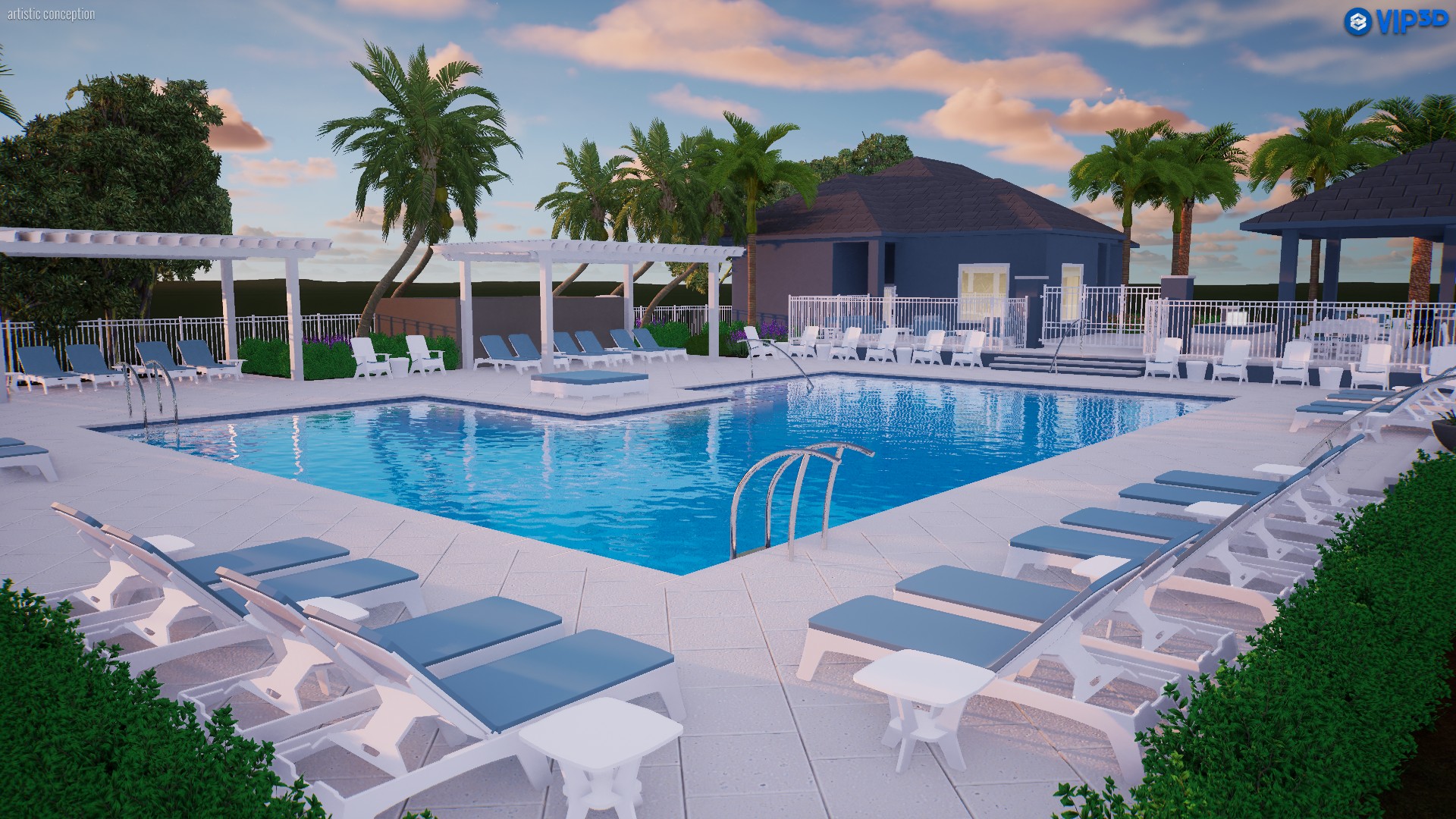 The Palm Reserve pool surrounded by white pergolas, lounge seating and blue pavilions