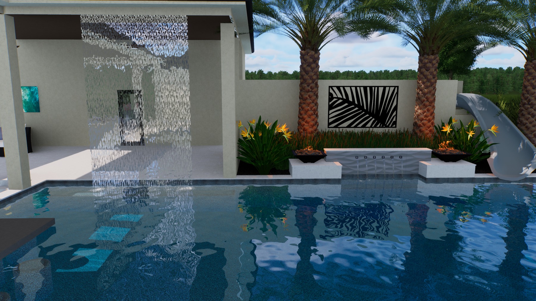 The Pavilion Estate — water curtain and spa concept rendering