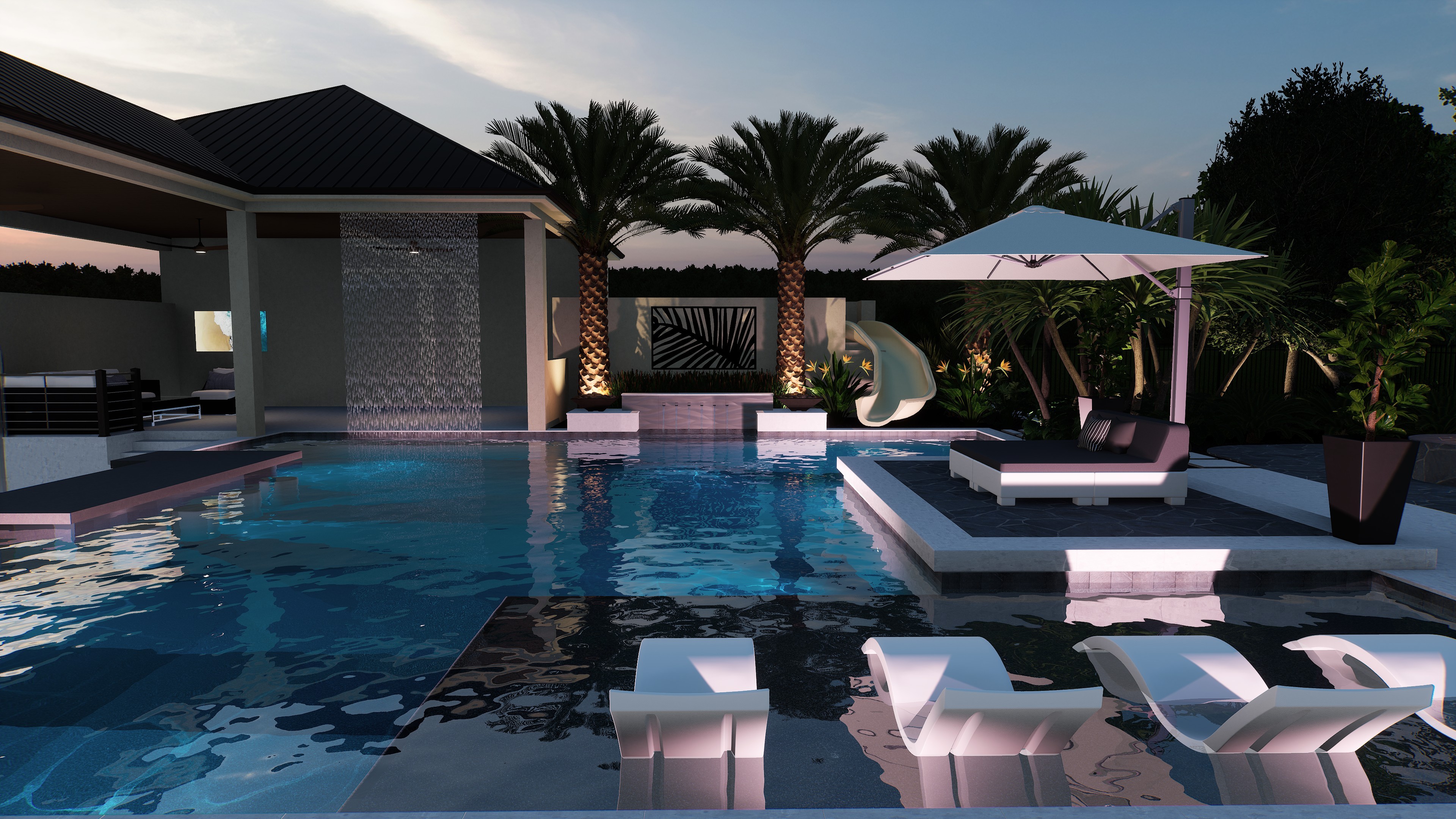 Original The Pavilion Estate Vip3D image, with roof water curtain, slide and swim-up stools