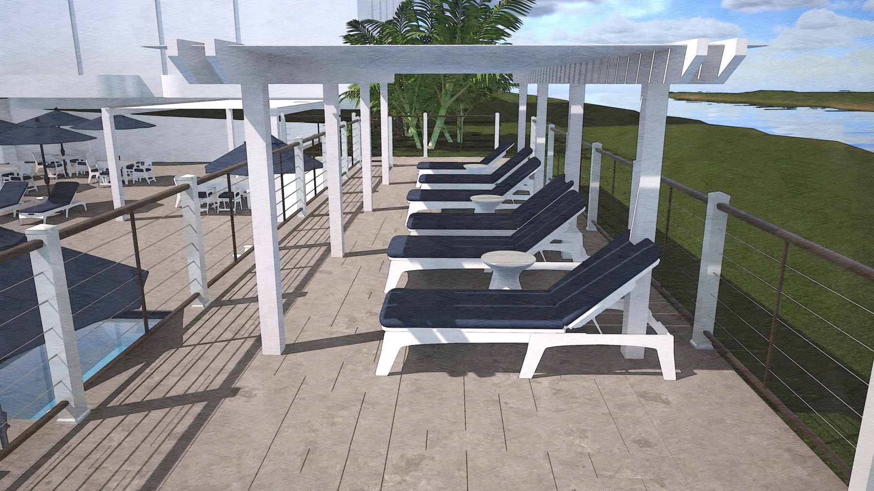 Riviera Terrace — pergola and loungers concept rendering