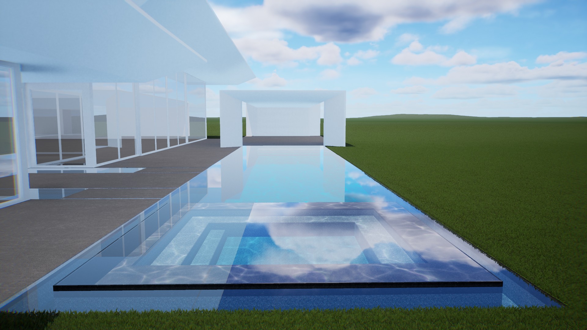 Daytime Stillwater Reserve pool and spa facing a white pavilion