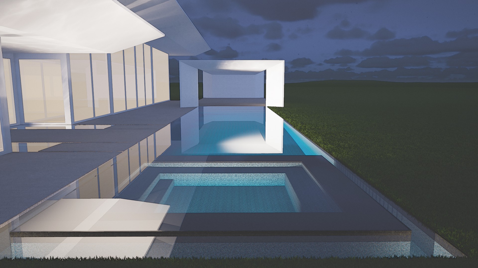 Stillwater Reserve spa and linear pool illuminated at night