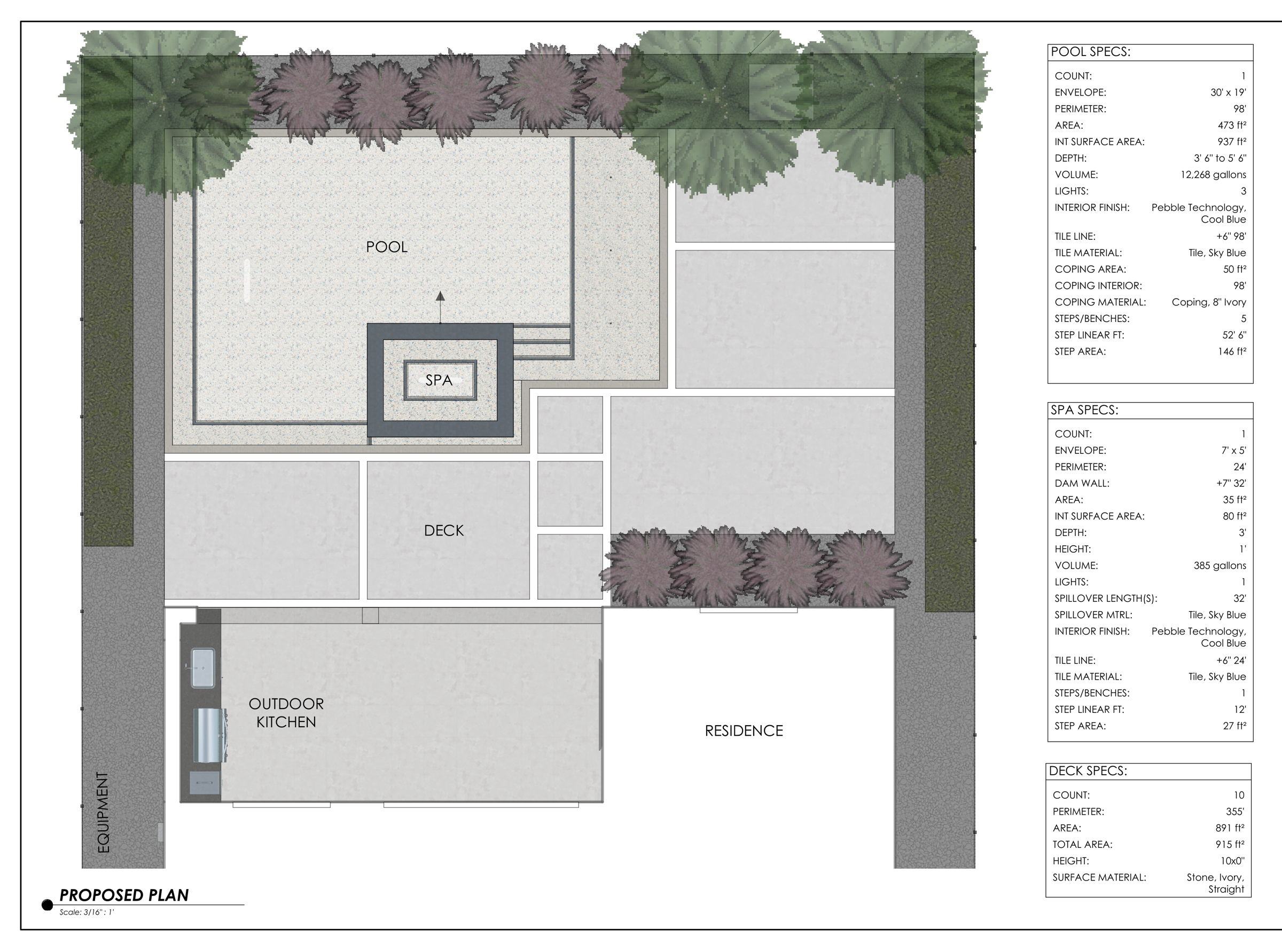 Villa Nocturne 2D concept plan showing the pool, spa, terrace and outdoor kitchen