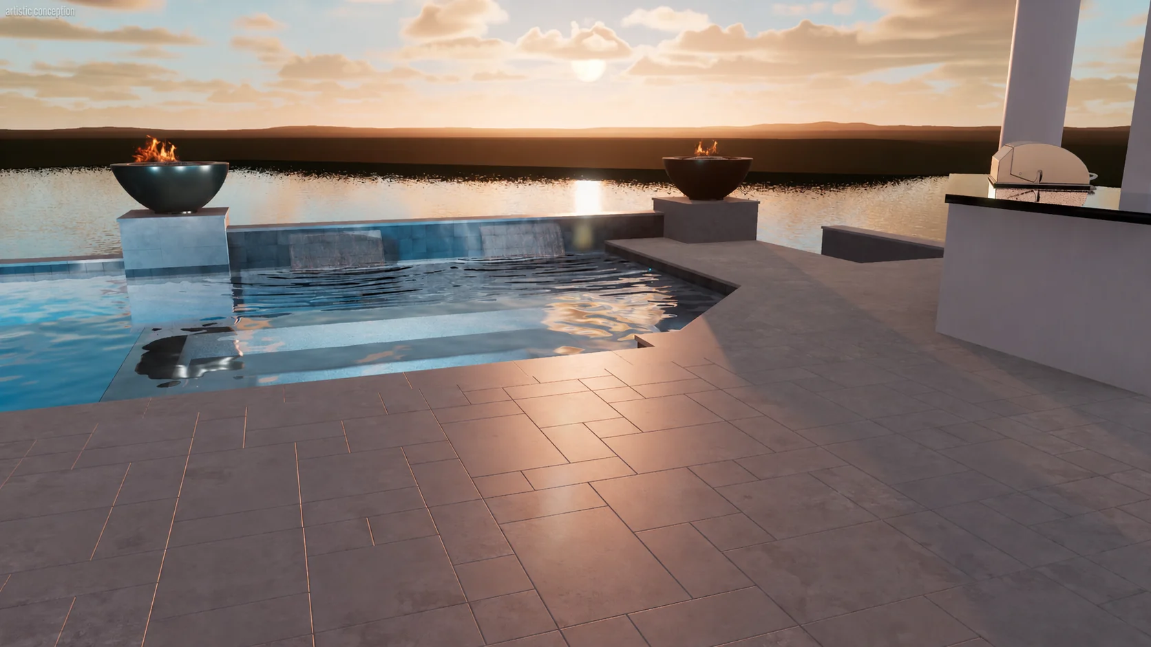 The Horizon Estate concept: a waterfront pool, fire bowls and outdoor kitchen in sunset light