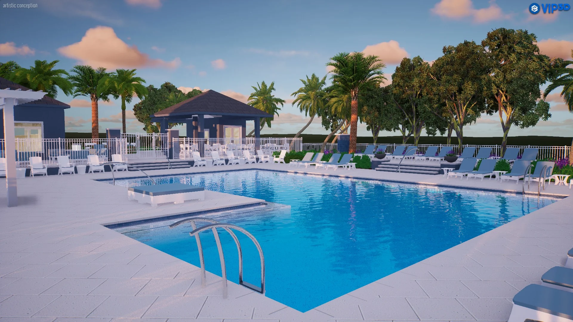 The Palm Reserve community pool with blue pavilions, white loungers and tropical planting