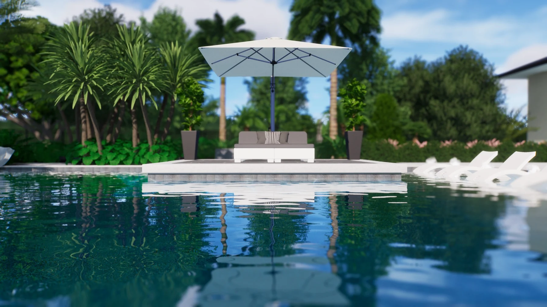 The Pavilion Estate concept rendering: an island lounge beneath a white umbrella, surrounded by water and tropical planting
