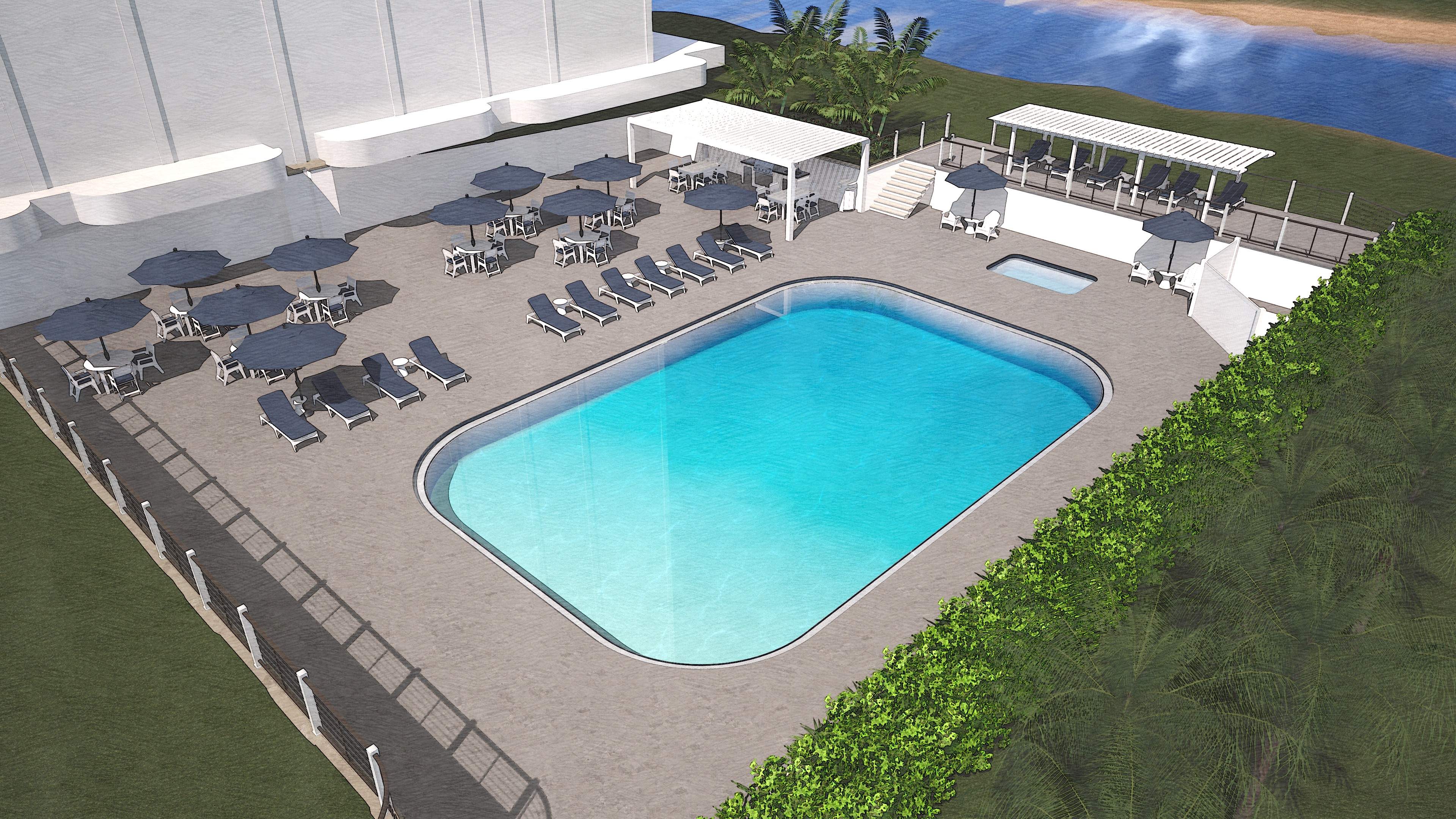 Elevated Riviera Terrace concept view of the curved pool and surrounding deck