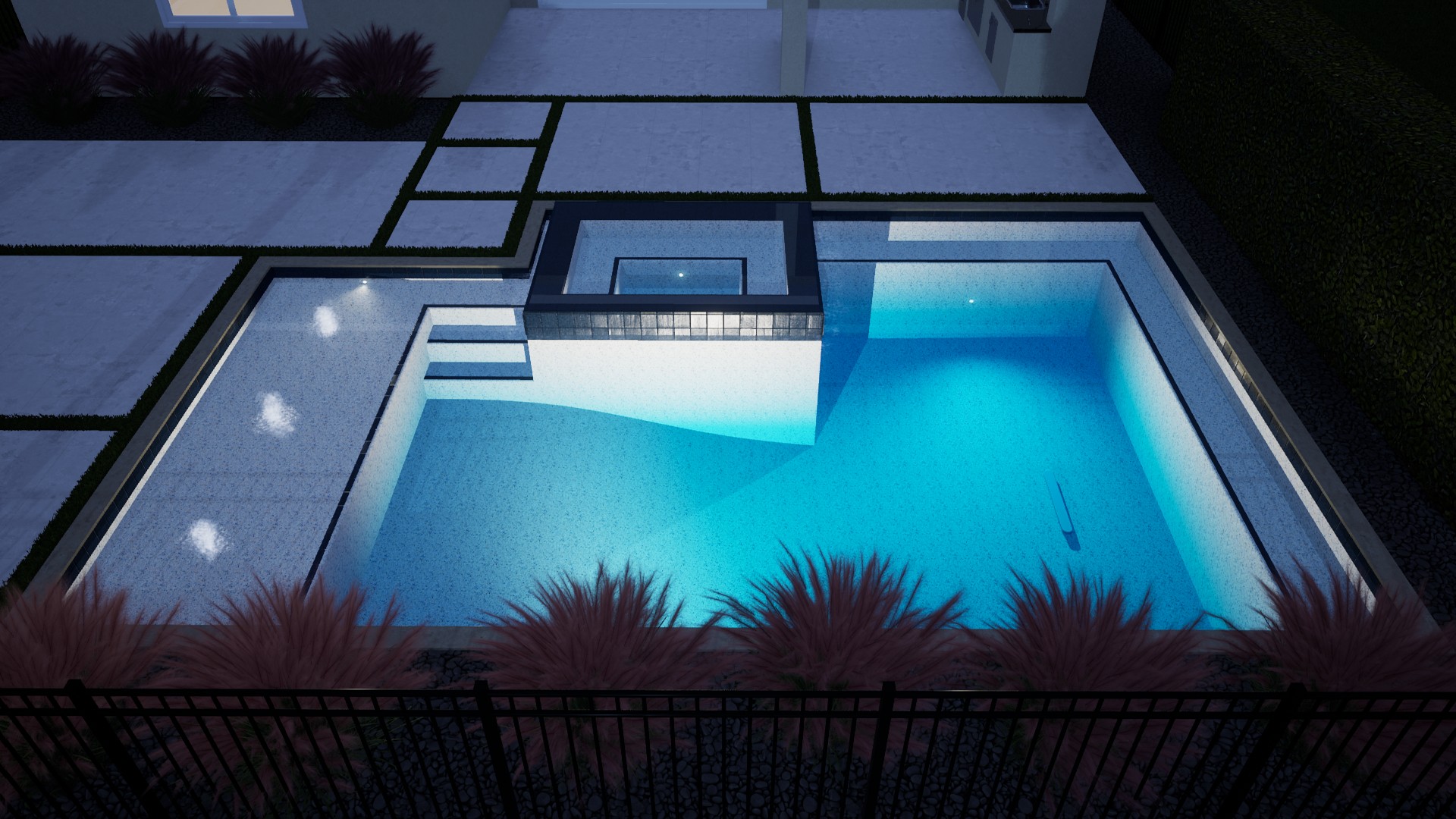 Villa Nocturne pool and spa rendered in evening light