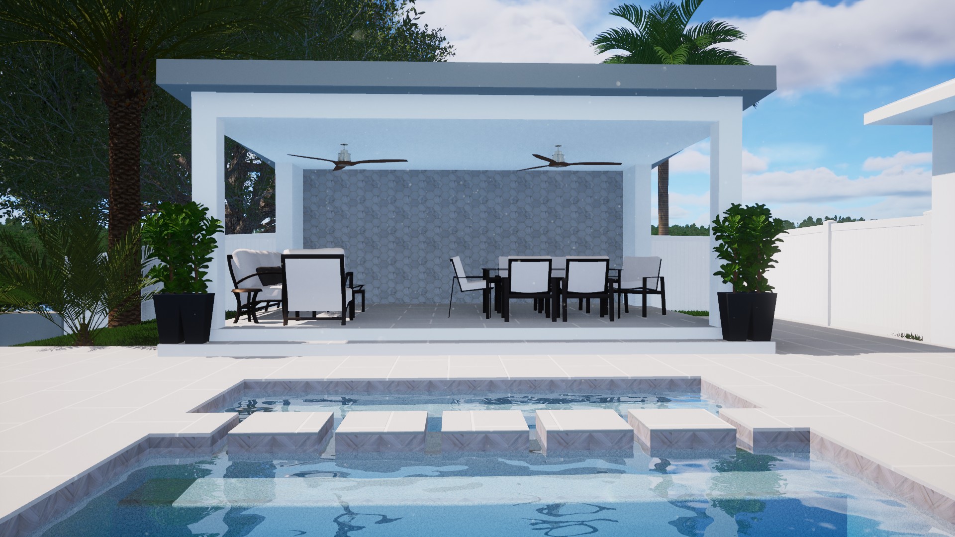 Villa Solara pool concept facing the white pavilion and submerged stools
