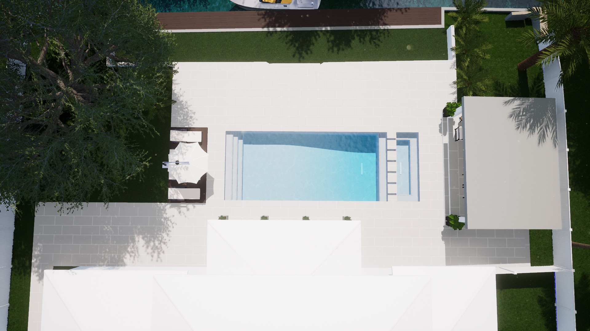 Overhead rendering of the Villa Solara pool and pavilion arrangement
